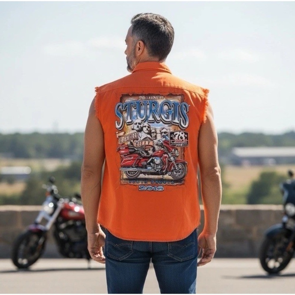Sturgis Black Hills Rally 2018 Biker Sleeveless Button Shirt Orange Large